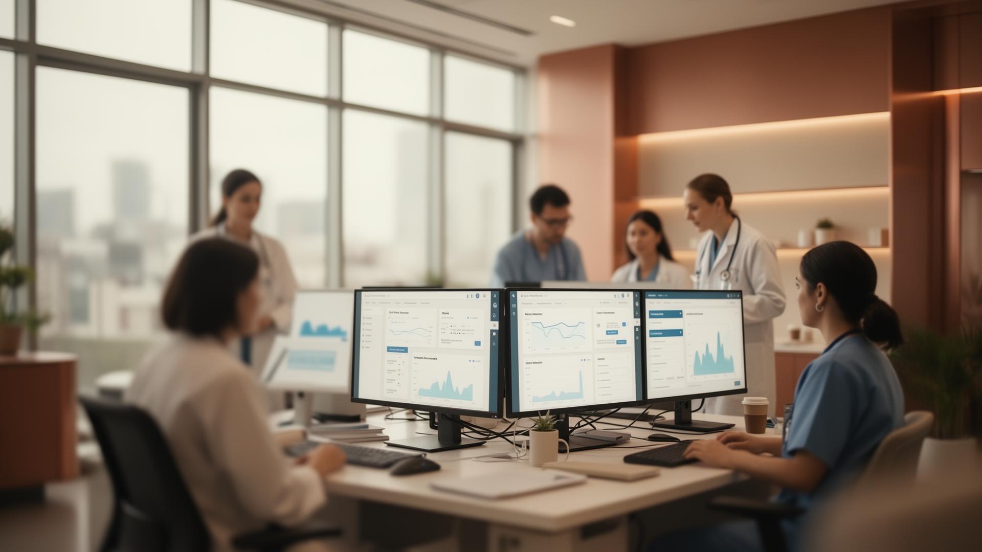 Healthcare operations team collaborating around data dashboards